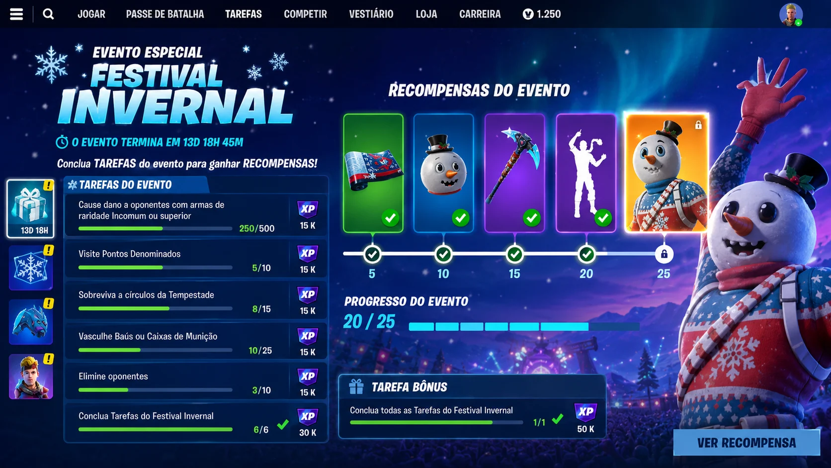 [Imagem: evento especial do Fortnite mostrando missões, barra de progresso e diferentes recompensas cosméticas]