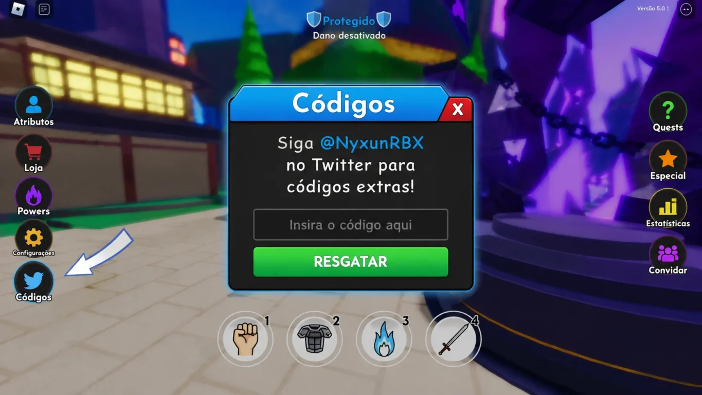 [Imagem: Tela do Anime Fighting Simulator mostrando a área de resgate de códigos.]