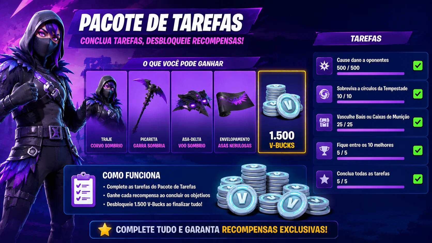 [Imagem: pacote de tarefas do Fortnite mostrando cosméticos e V-Bucks como recompensas]