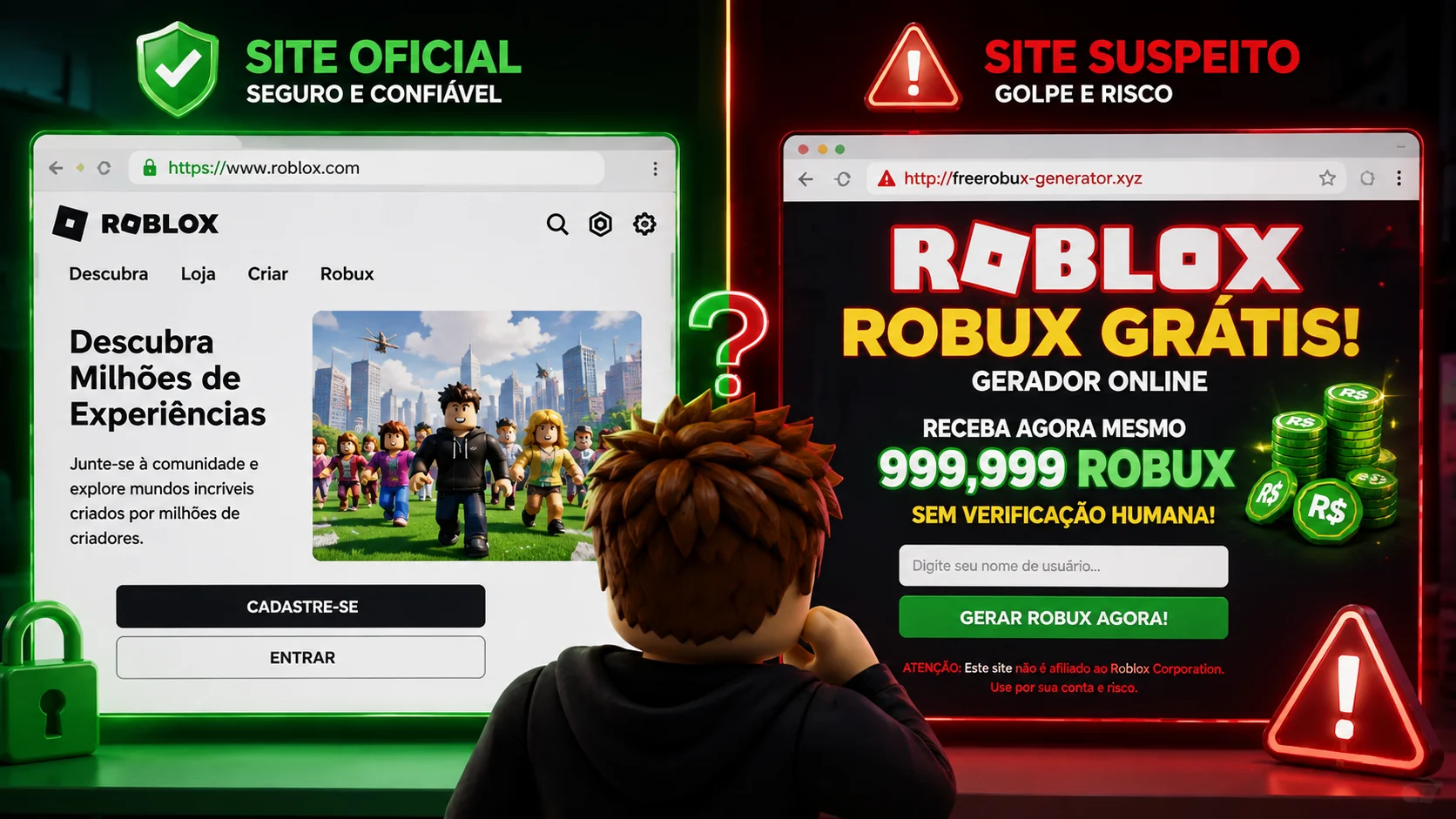 [Imagem: comparação visual entre uma página oficial do Roblox e uma página suspeita prometendo milhares de Robux grátis]