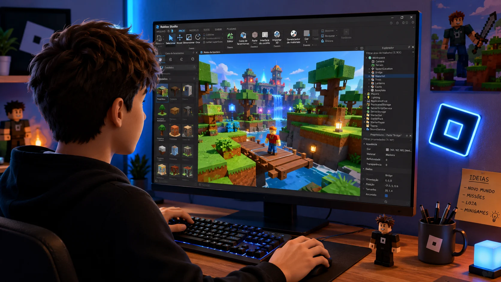 [Imagem: jovem desenvolvedor criando um cenário colorido inspirado em jogos de blocos em um computador]
