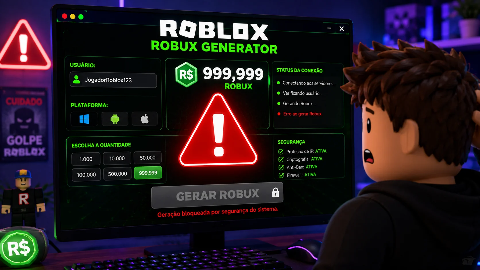 [Imagem: tela fictícia de gerador de Robux com botão de geração bloqueado por grande símbolo vermelho de alerta]