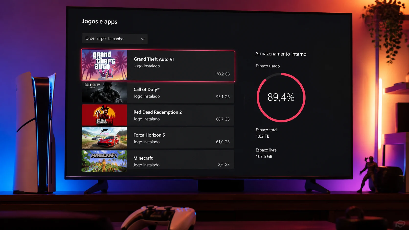 [Imagem: GTA 6 instalado em um console com indicador mostrando grande quantidade de armazenamento ocupado]