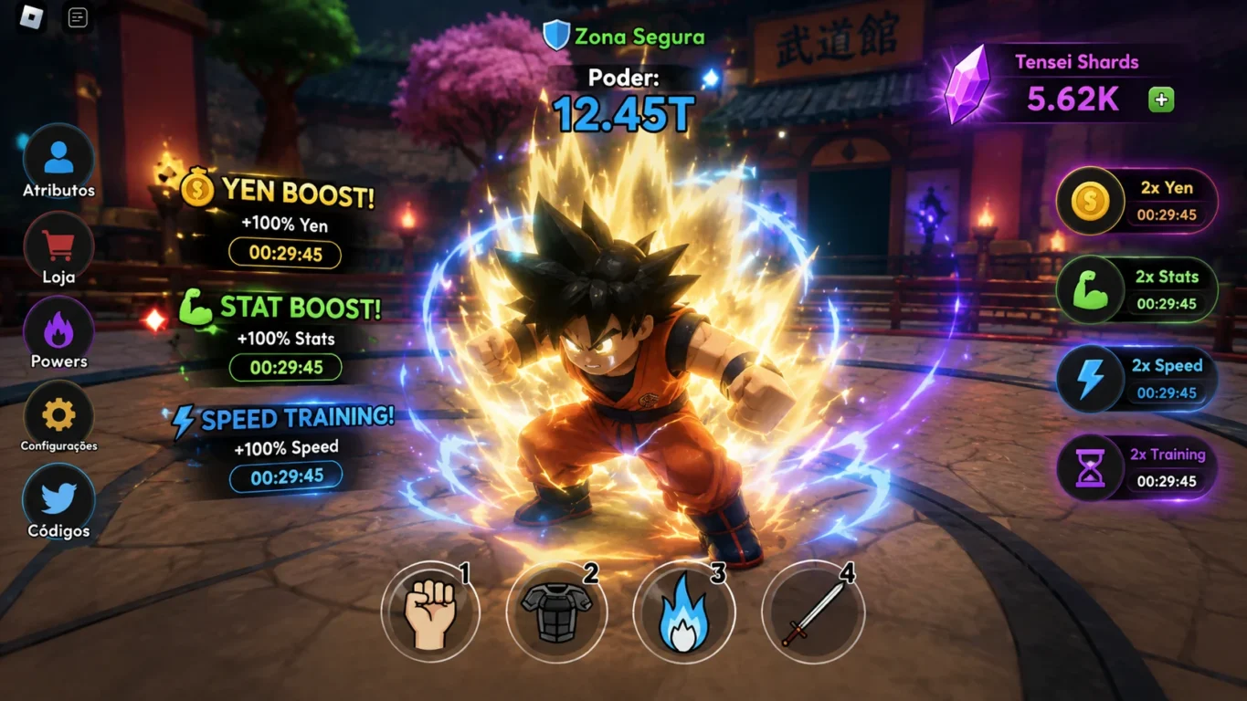 [Imagem: Personagem treinando em uma arena enquanto efeitos de boosts aparecem ao redor.]