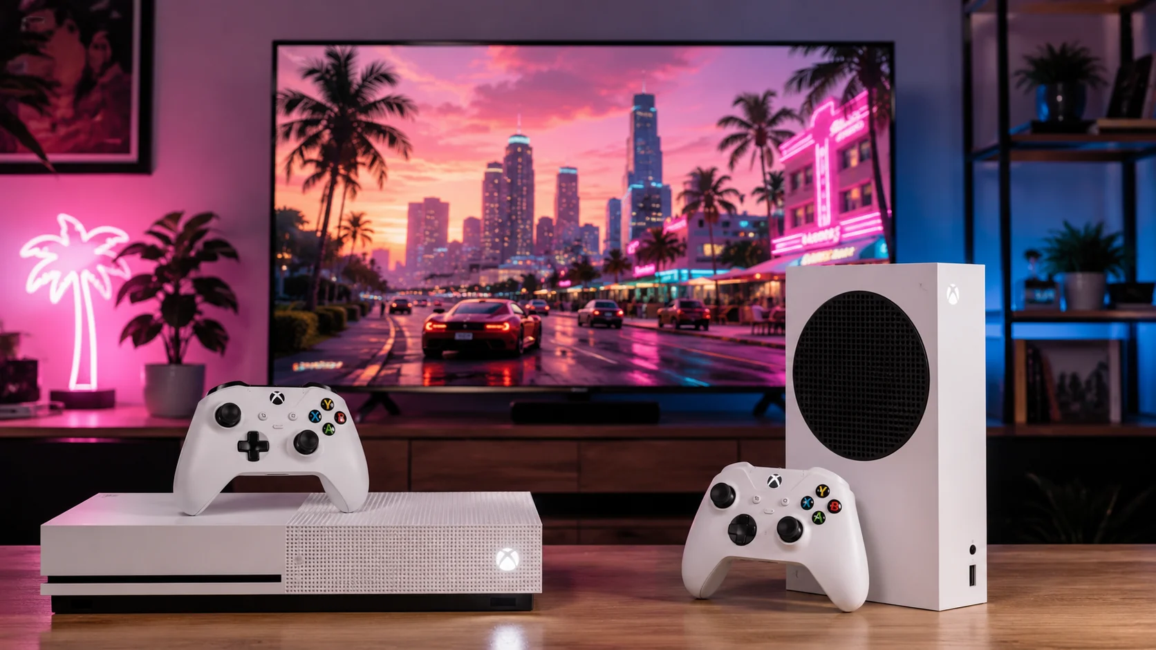 [Imagem: Xbox One S ao lado de um Xbox Series S com uma televisão exibindo uma paisagem urbana inspirada em Vice City]