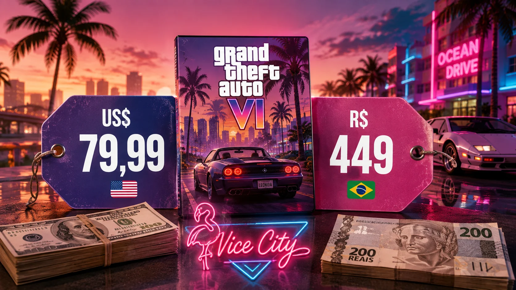 [Imagem: comparação visual entre uma etiqueta de US$ 79,99 e uma etiqueta de R$ 449 ao lado de elementos inspirados em Vice City]