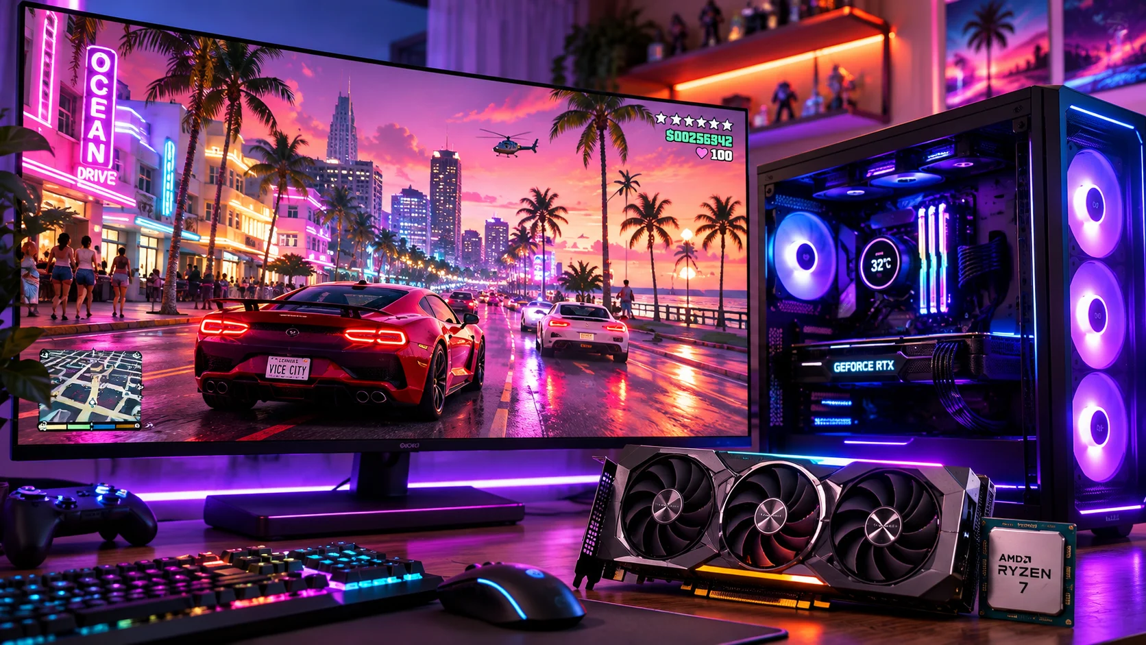 [Imagem: computador gamer exibindo uma cidade tropical inspirada em Vice City, com placa de vídeo e processador em destaque]