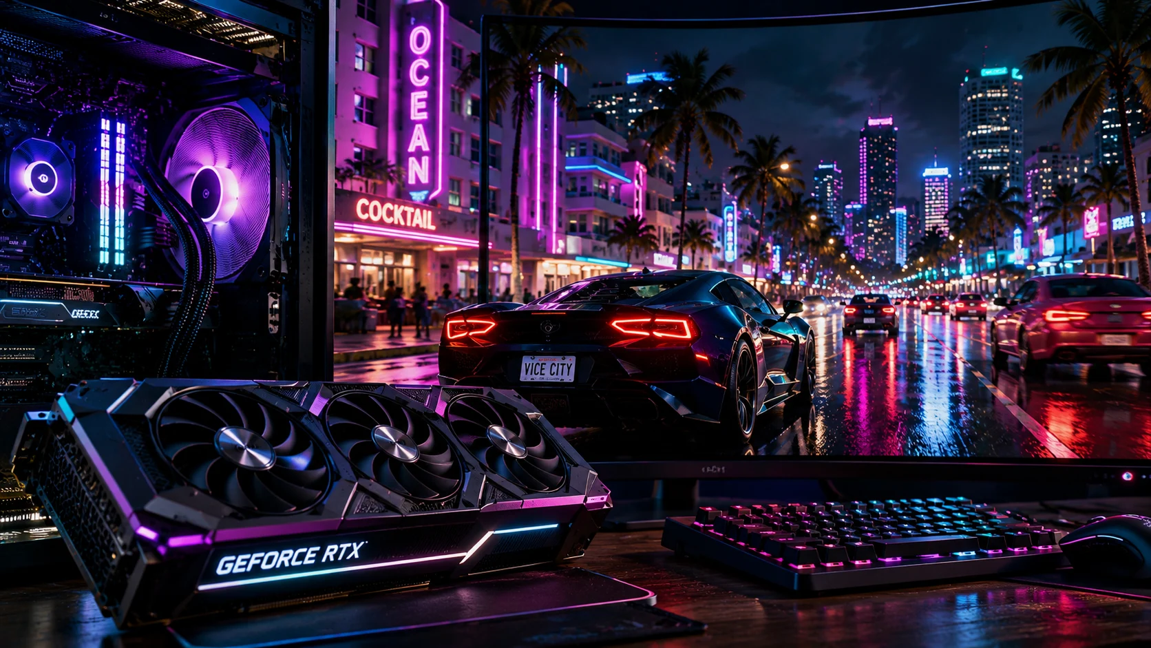 [Imagem: placa de vídeo moderna renderizando uma metrópole tropical com carros, reflexos e iluminação noturna]