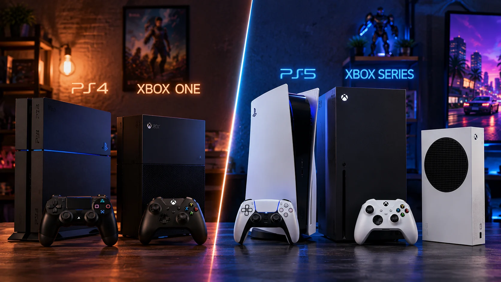 [Imagem: comparação visual entre consoles da geração PS4 e Xbox One de um lado e PS5 e Xbox Series do outro]