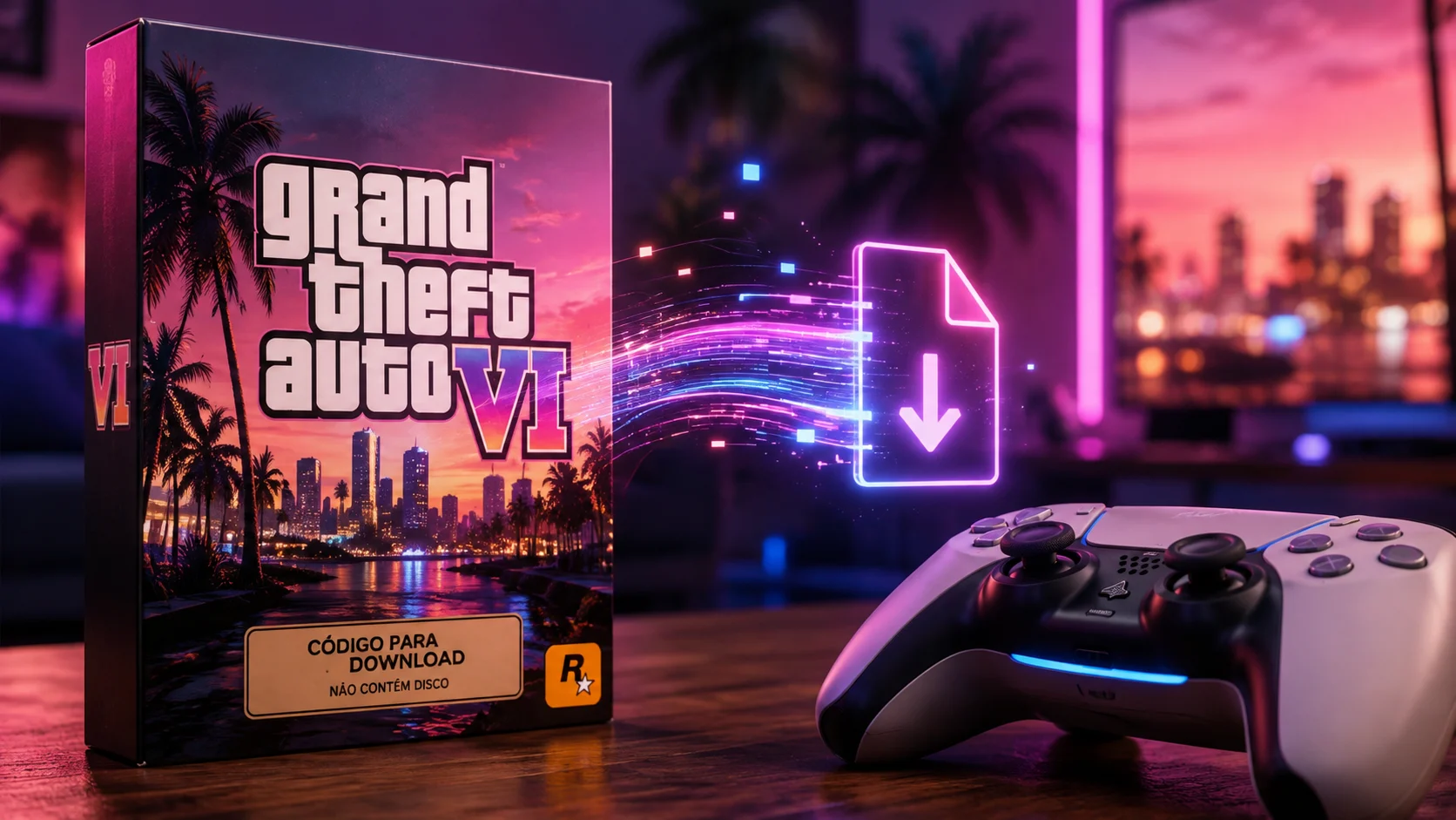 [Imagem: caixa de GTA 6 ao lado de controle de videogame com uma representação de código digital saindo da embalagem]