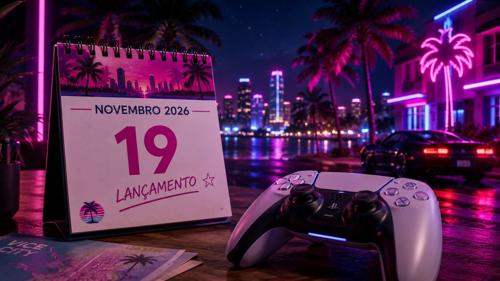 [Imagem: calendário marcando 19 de novembro de 2026 ao lado de controle de videogame e cenário tropical noturno com luzes neon]