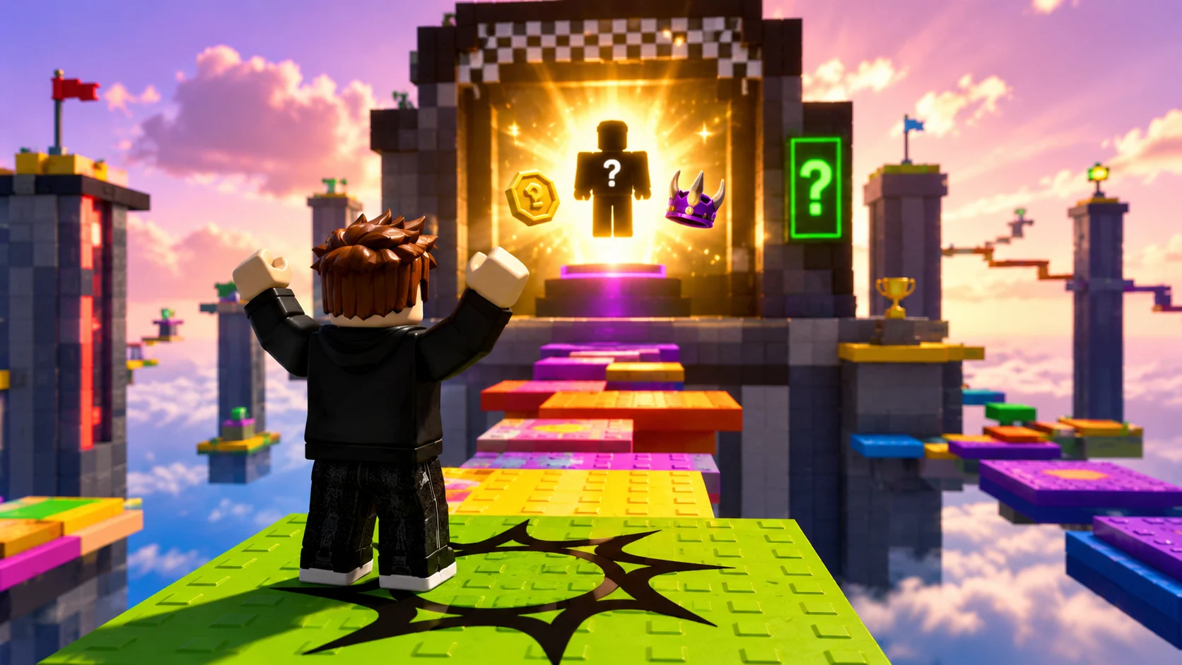 [Imagem: jogador chegando ao final de um percurso de obstáculos no Roblox com uma área de recompensa misteriosa]