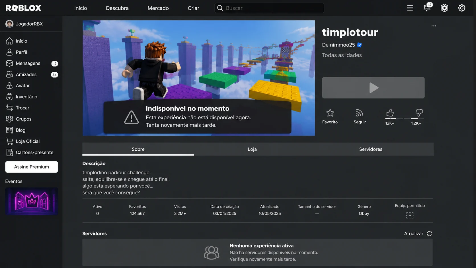 [Imagem: página fictícia inspirada no Roblox mostrando um jogo de parkour temporariamente indisponível]