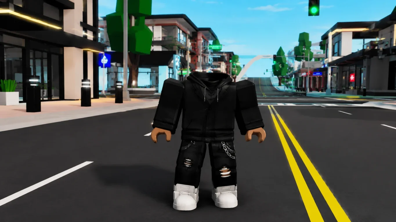 [Imagem: Avatar do Brookhaven com aparência de estar sem cabeça em uma rua da cidade.]