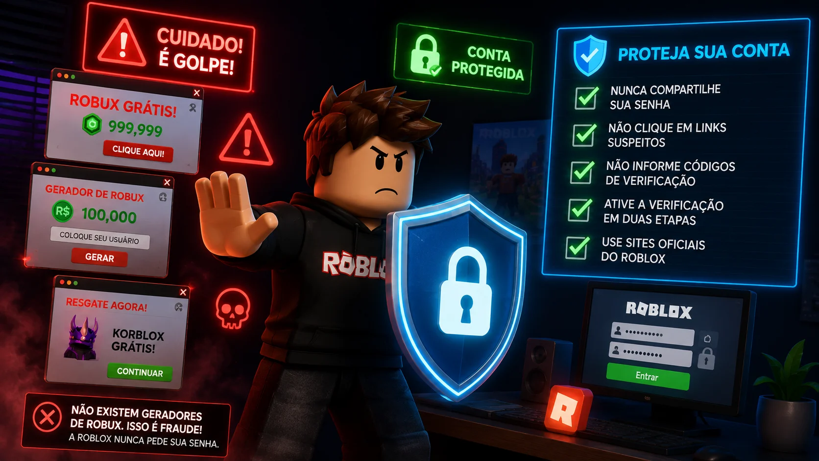 [Imagem: tela de alerta de segurança mostrando jogador protegendo senha e conta Roblox contra falsas ofertas de Robux]