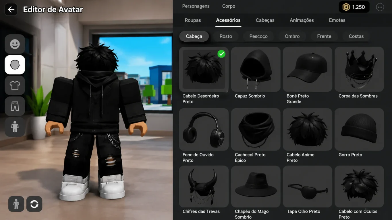 [Imagem: Tela do editor de avatar mostrando acessórios cobrindo a cabeça.]