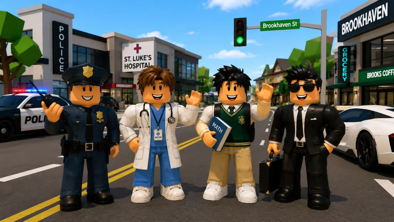 [Imagem: Grupo de jogadores interpretando policial, médico, estudante e empresário em uma rua de Brookhaven.]