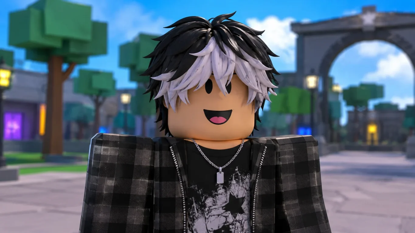[Imagem: Avatar do Roblox usando dois cabelos diferentes ao mesmo tempo, mostrando claramente a sobreposição dos penteados]
