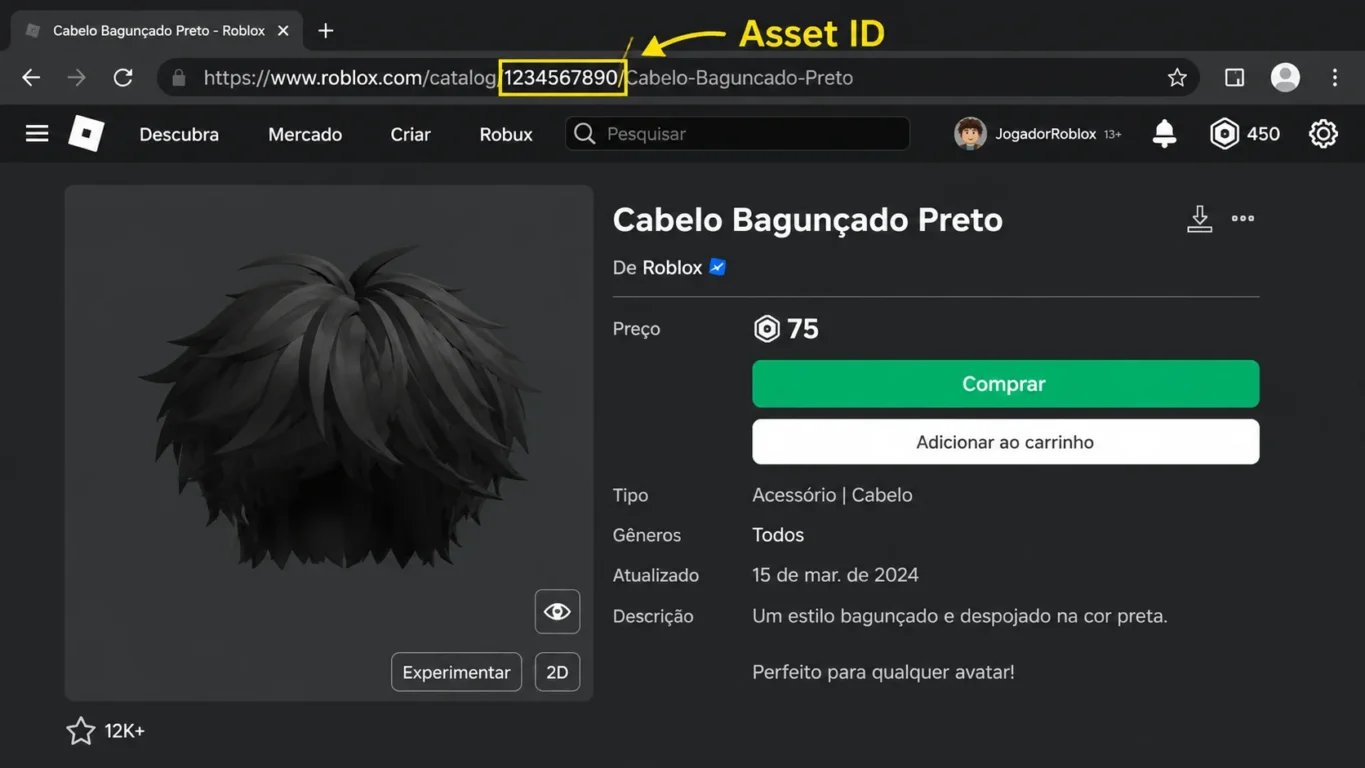 [Imagem: Página de um item de cabelo do Roblox com o número do Asset ID destacado na barra de endereço]