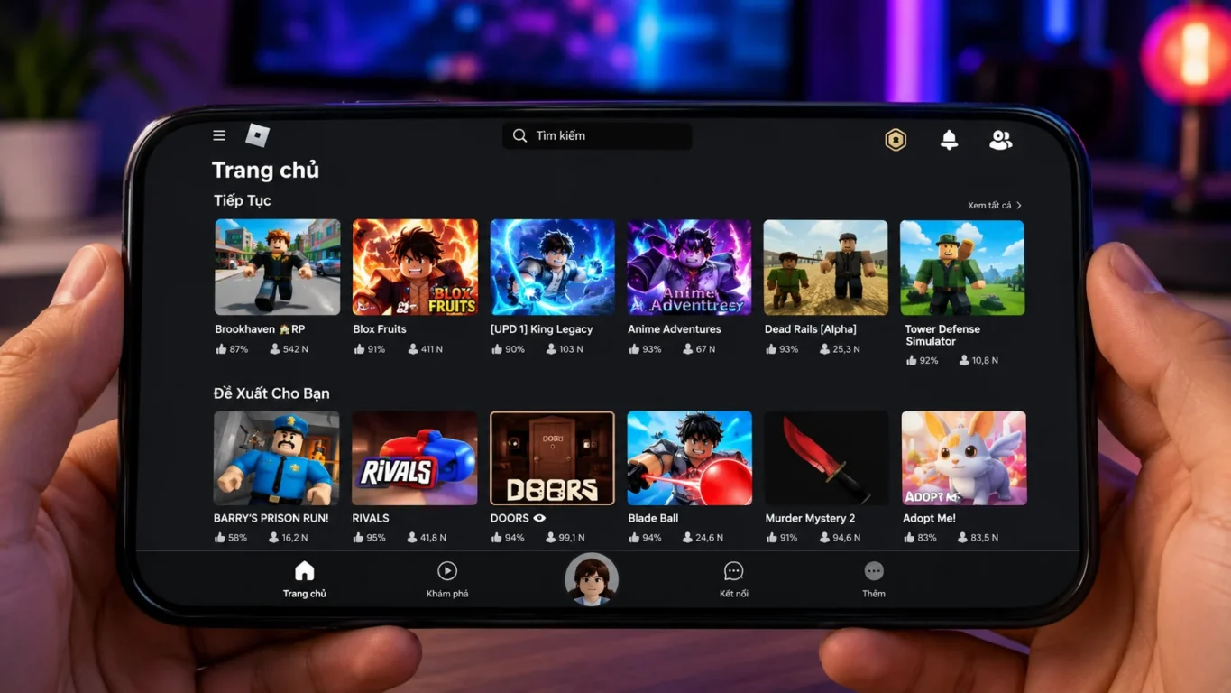 [Imagem: Smartphone exibindo a tela inicial do Roblox VNG com diversos mundos virtuais disponíveis para exploração.]