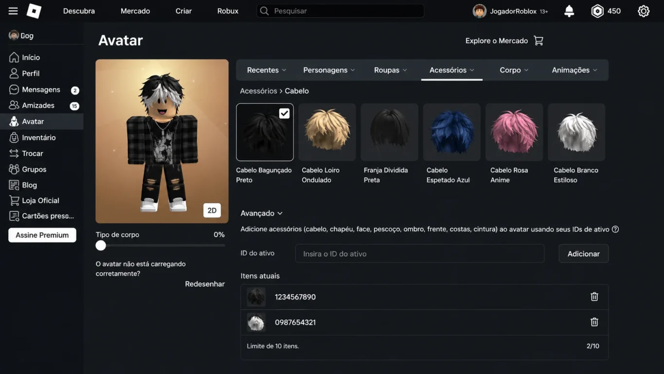 [Imagem: Interface do Editor de Avatar do Roblox mostrando a opção Avançado e campos para inserir IDs de acessórios]