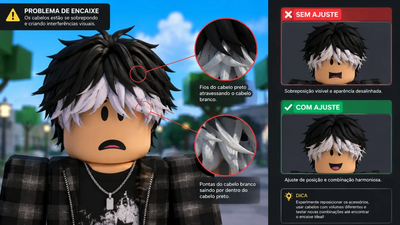 [Imagem: Avatar do Roblox apresentando dois cabelos sobrepostos, com destaque visual para o problema de encaixe entre os acessórios]