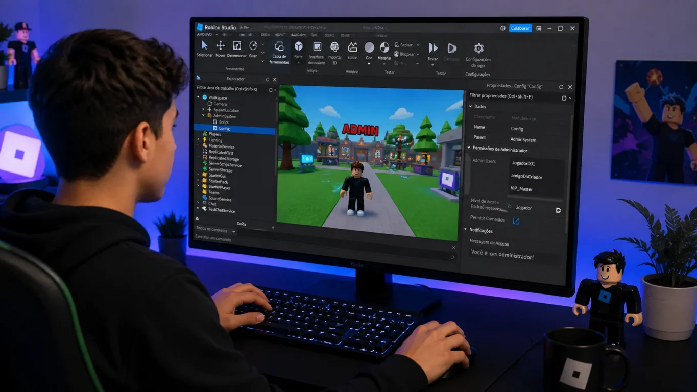 [Imagem: Criador usando o Roblox Studio enquanto configura permissões de administrador para sua própria experiência.]