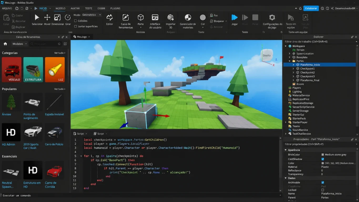 [Imagem: Interface do Roblox Studio mostrando um jogo simples em desenvolvimento, com mapa, Explorer e área de programação.]