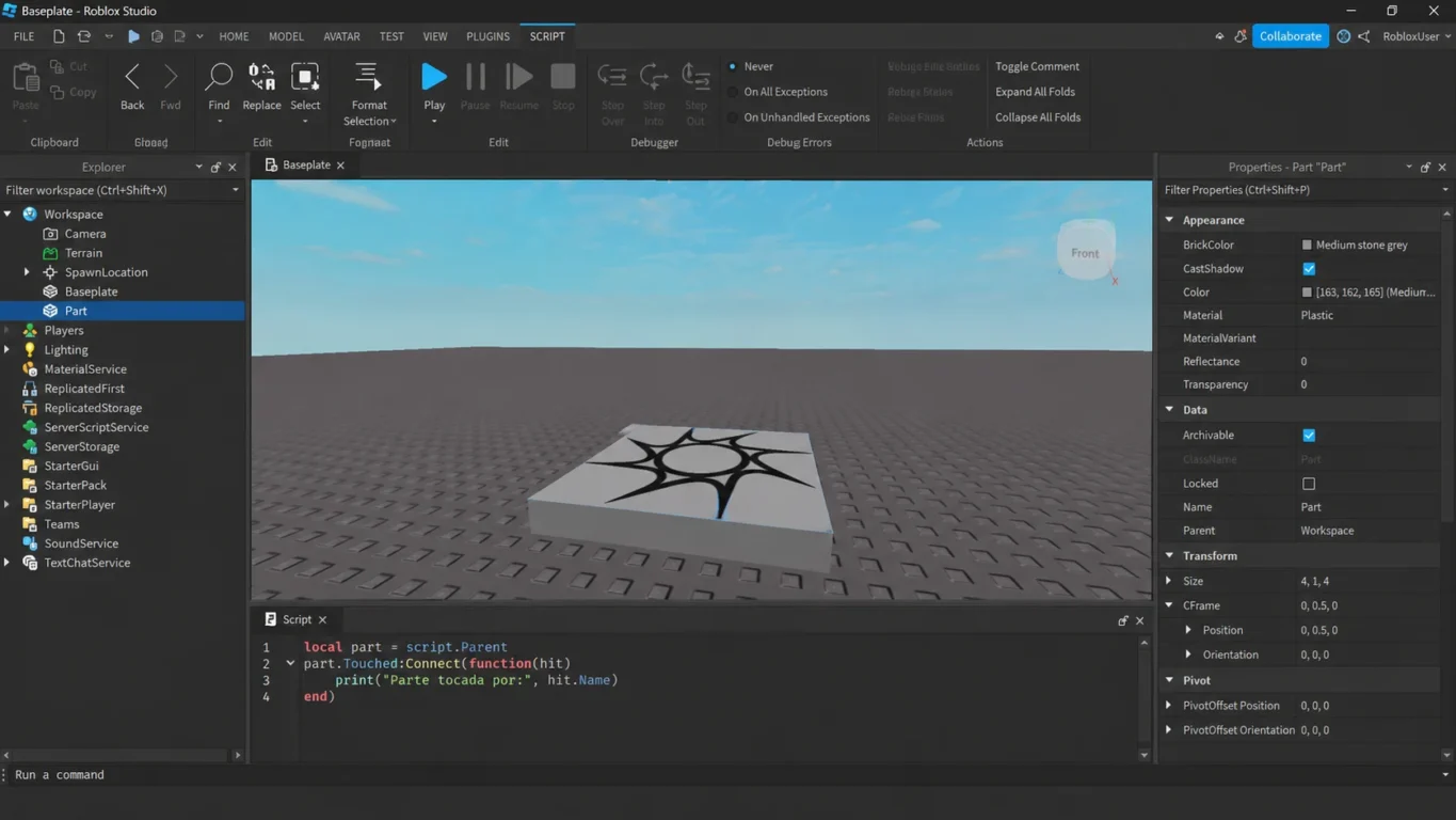 [Imagem: interface do Roblox Studio aberta com Explorer, Properties, Workspace e Script Editor visíveis]