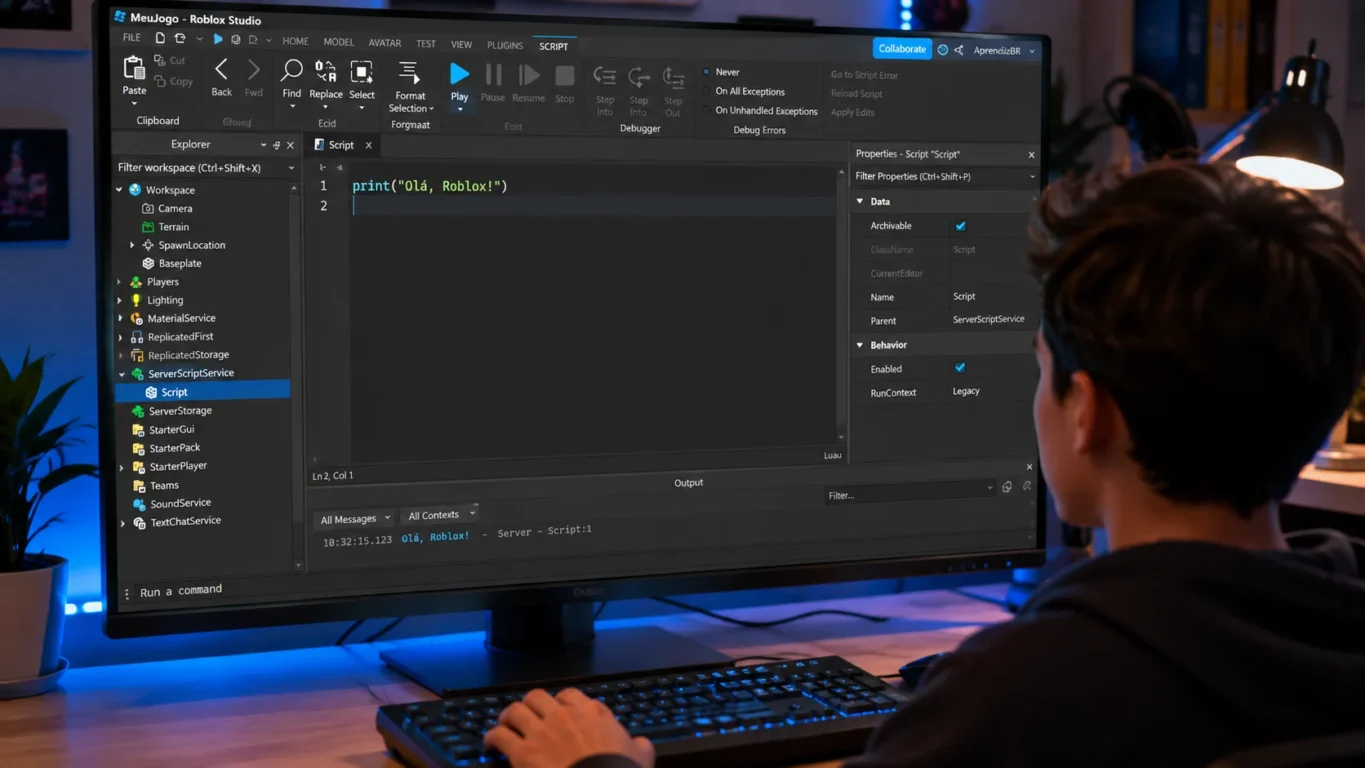 [Imagem: iniciante criando o primeiro script Luau no Script Editor do Roblox Studio]
