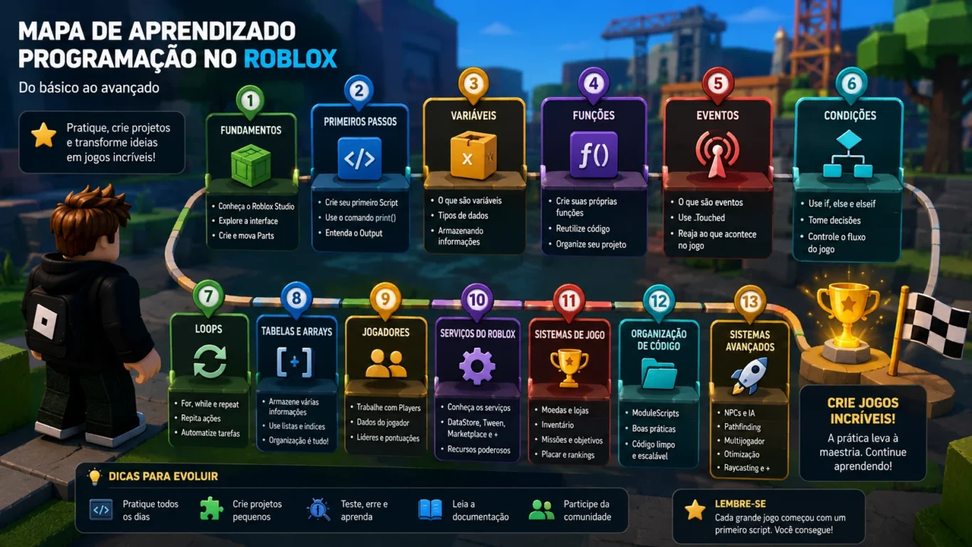 [Imagem: mapa de aprendizado de programação no Roblox mostrando variáveis, funções, eventos, condições, loops e sistemas avançados]