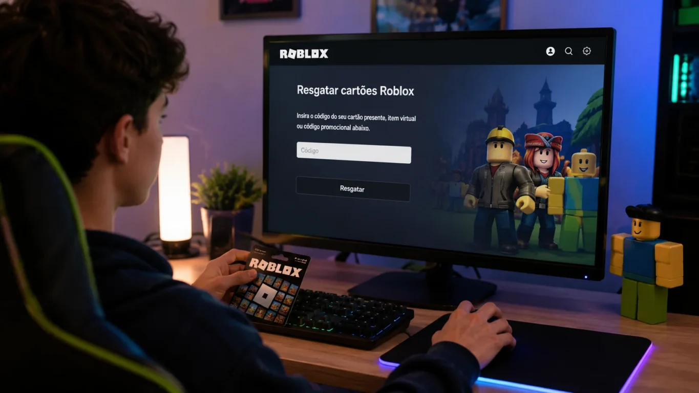 [Imagem: pessoa usando um computador para acessar a página de resgate de um gift card do Roblox]
