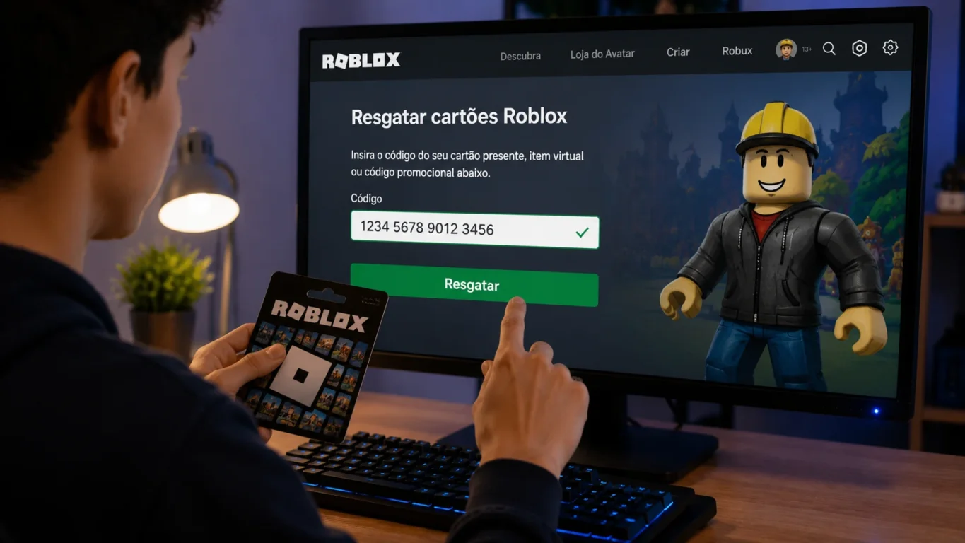 [Imagem: pessoa digitando cuidadosamente o código de um gift card Roblox no campo de resgate]