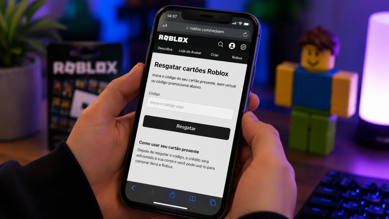 [Imagem: celular exibindo o navegador com a página de resgate de gift card do Roblox]