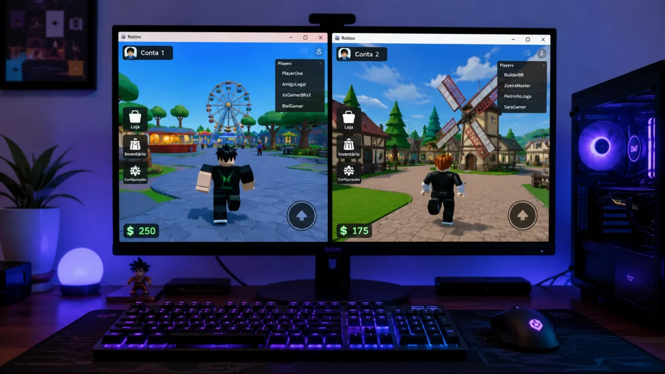 [Imagem: computador com duas janelas do Roblox abertas lado a lado, cada uma conectada a uma conta diferente]