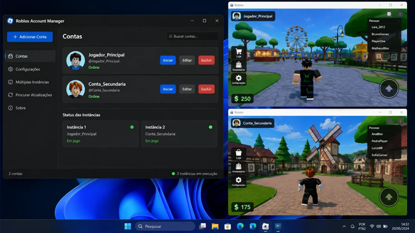 [Imagem: interface de um gerenciador de contas com duas contas Roblox listadas e duas janelas do jogo abertas]