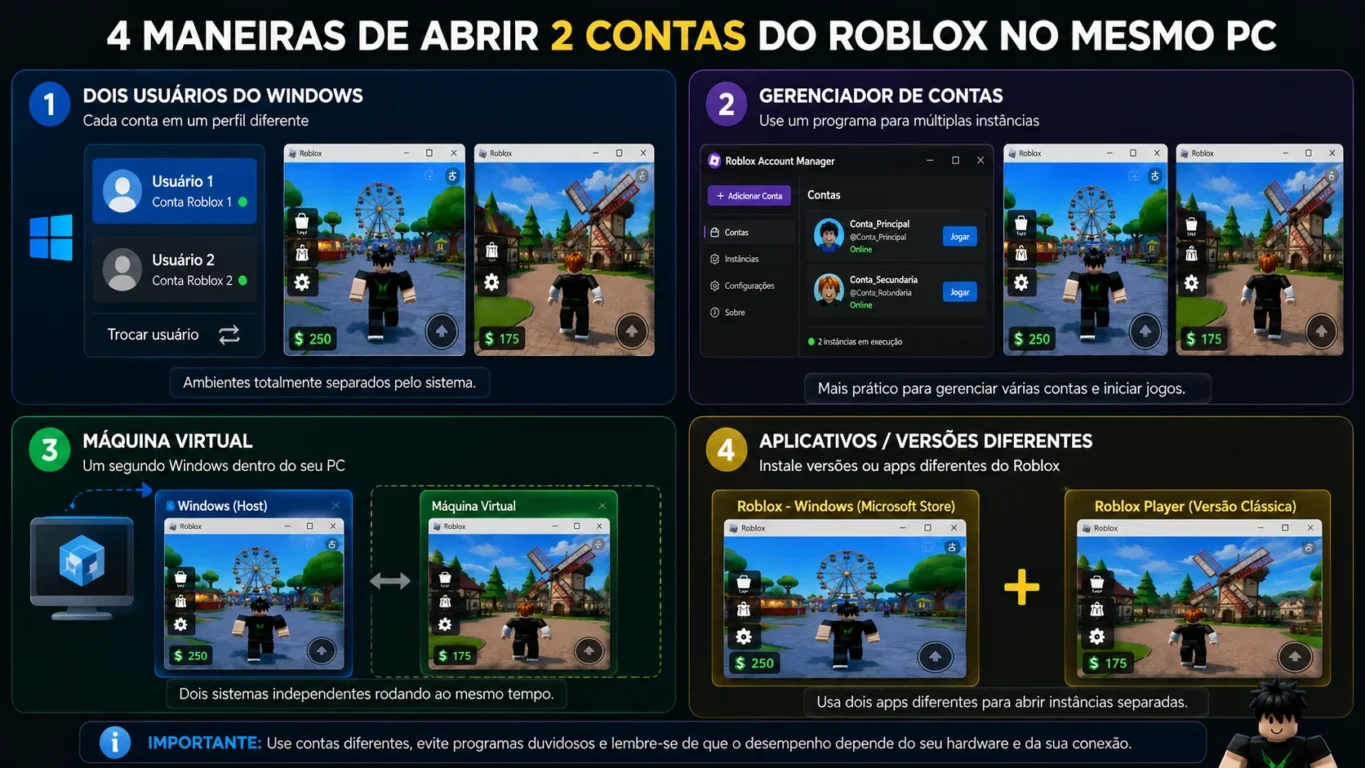 [Imagem: comparação visual entre quatro métodos para executar duas contas Roblox no mesmo computador]