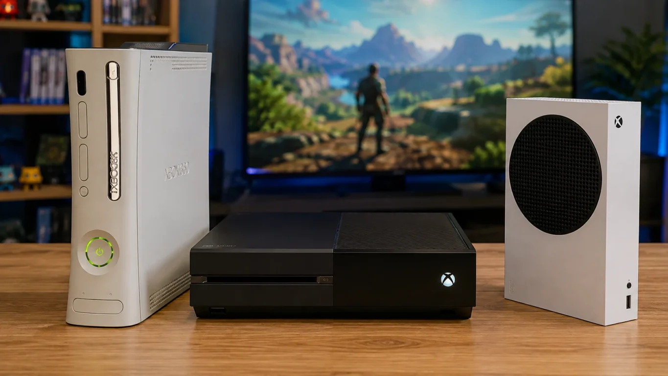 [Imagem: Xbox 360 ao lado de um Xbox One e um Xbox Series S, mostrando a evolução das gerações de consoles]