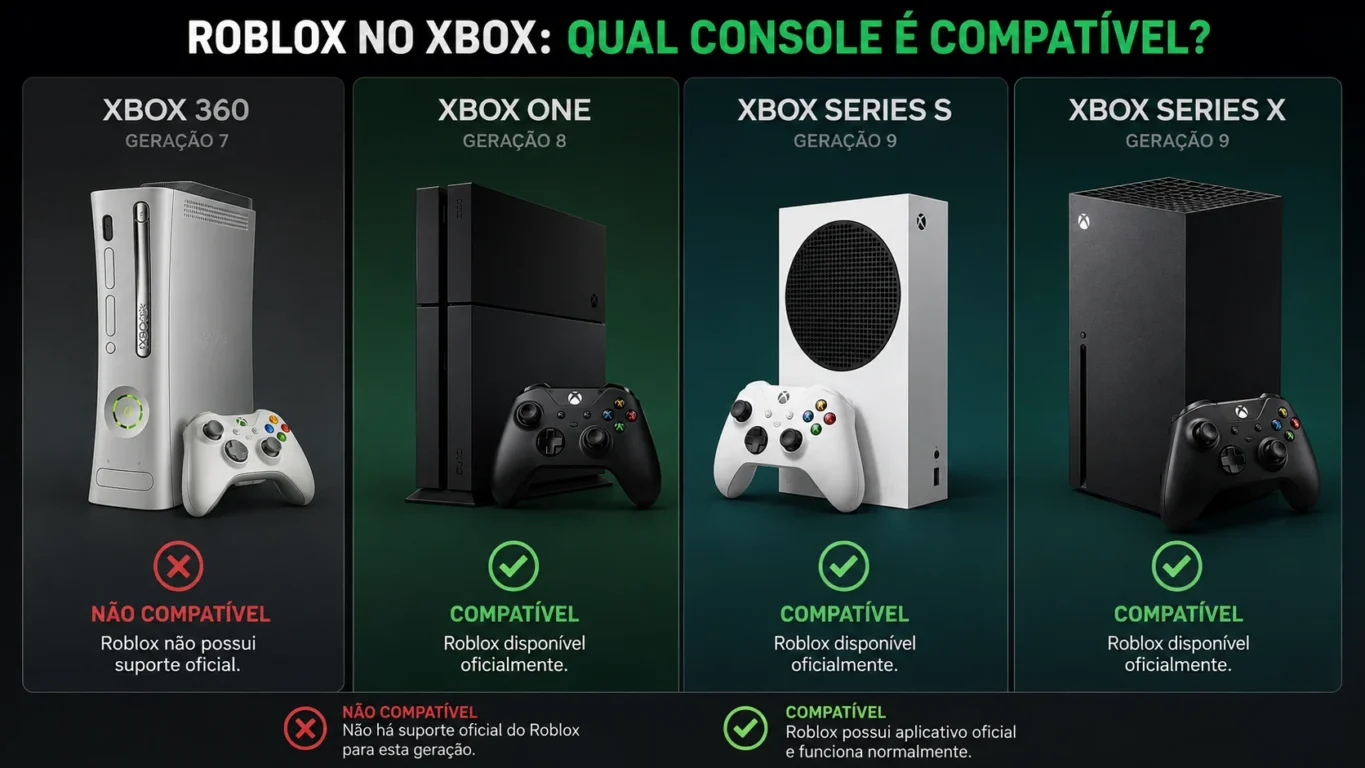 [Imagem: comparação visual entre Xbox 360, Xbox One, Xbox Series S e Xbox Series X, destacando quais gerações são adequadas para Roblox]