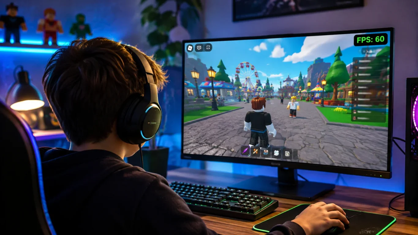 [Imagem: jogador iniciante no Roblox observando a tela de jogo com o contador de FPS aparecendo no canto]
