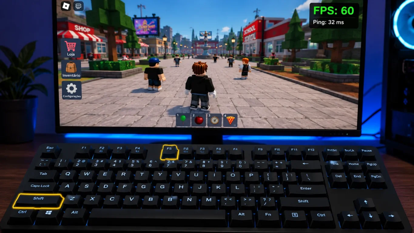 [Imagem: teclado de computador destacando as teclas Shift e F5 enquanto o Roblox está aberto]