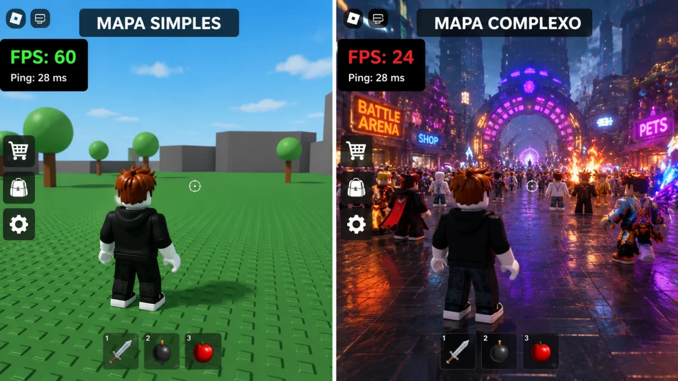 [Imagem: comparação entre duas experiências do Roblox, uma com mapa simples e outra com cenário cheio de efeitos]