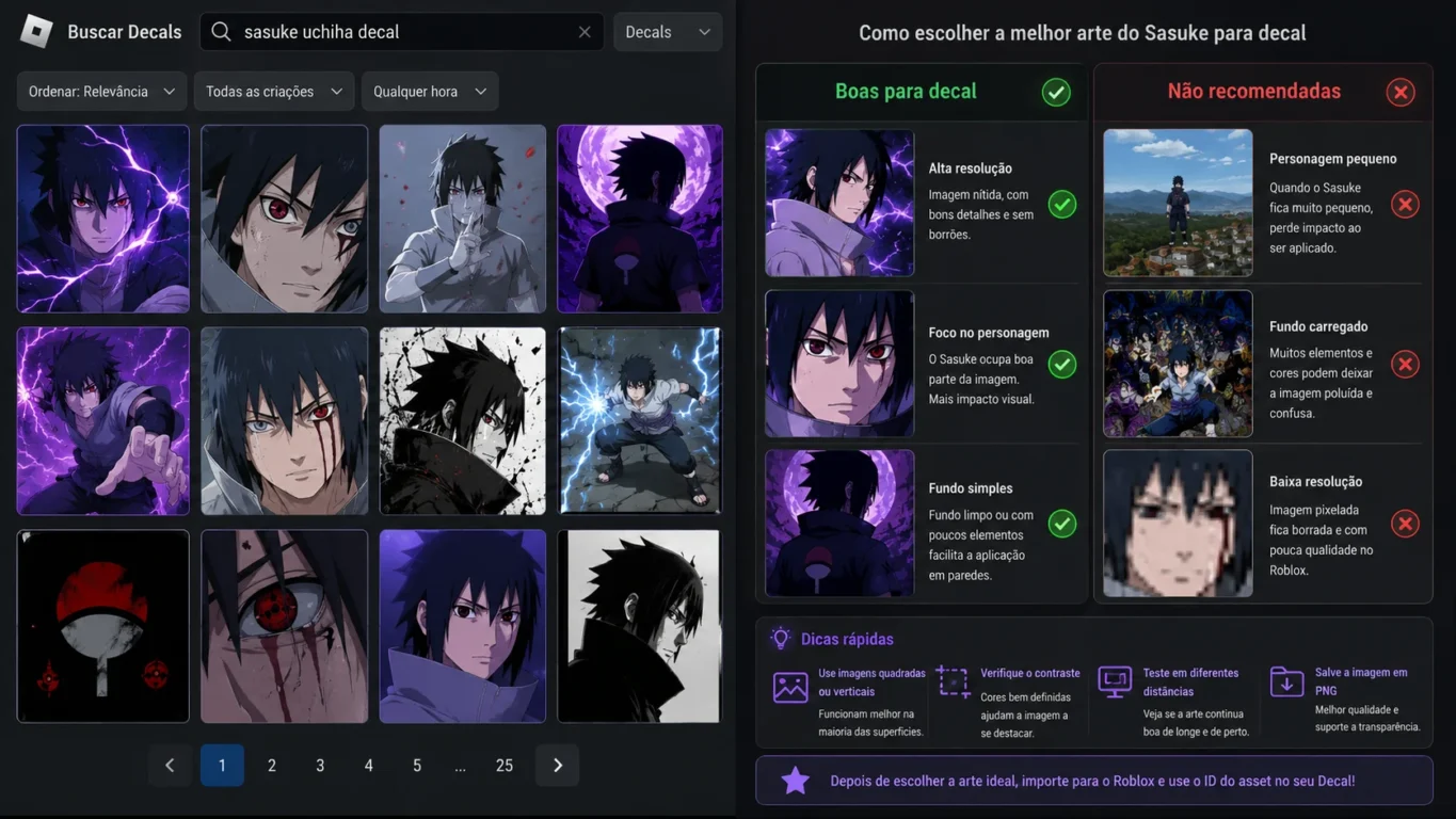 [Imagem: Busca por diferentes artes do Sasuke em estilo anime, comparando imagens adequadas para utilização como decal.]