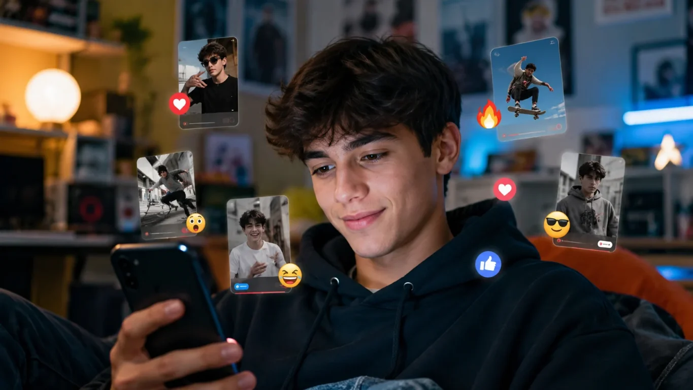 [Imagem: Jovem usando o celular e vendo vídeos de redes sociais com expressões virais relacionadas a aura, carisma e memes, em ambiente moderno e descontraído]