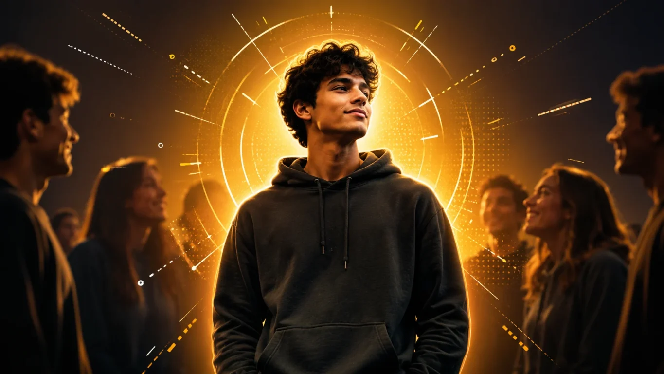 [Imagem: Ilustração conceitual de uma pessoa cercada por uma aura visual representando confiança, carisma e presença, sem elementos sobrenaturais]