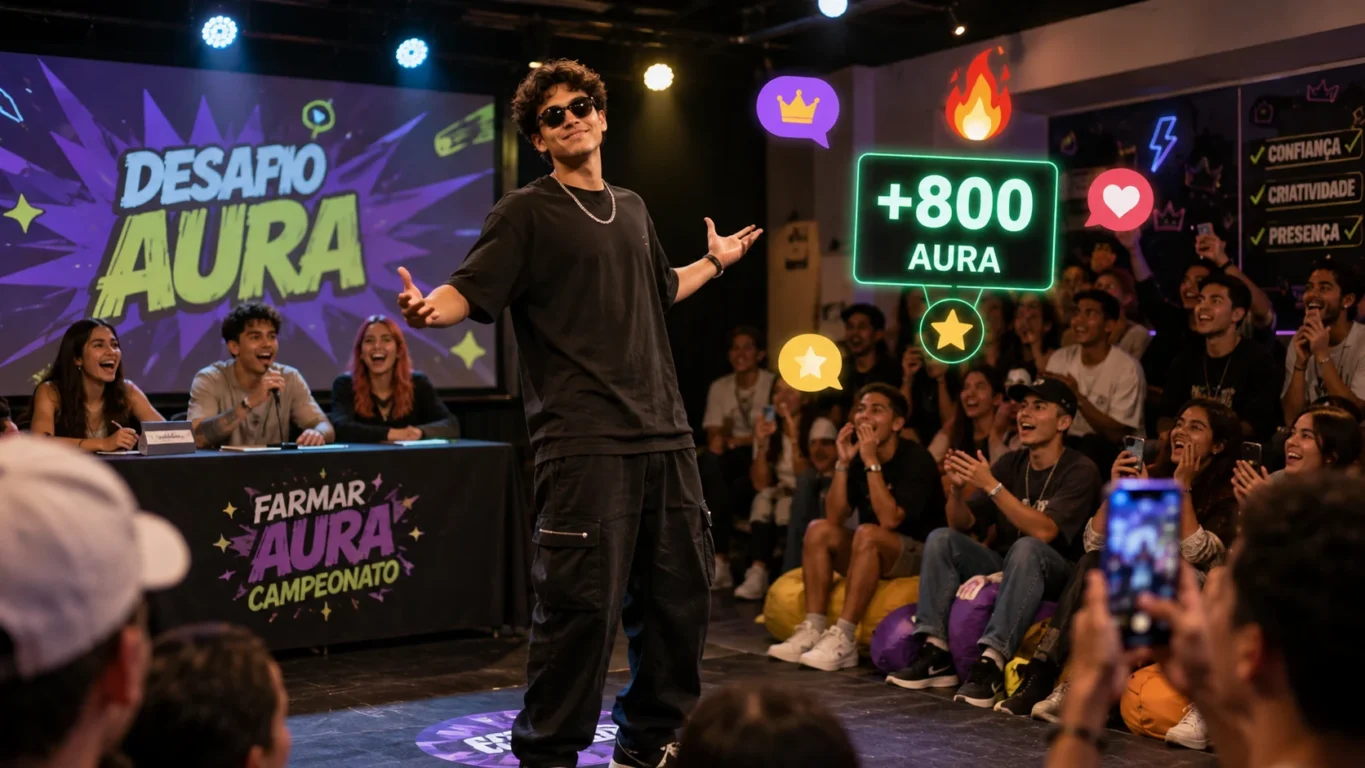 [Imagem: Campeonato descontraído de “farmar aura”, com jovens participando de desafios de carisma, criatividade e presença diante de uma pequena plateia]