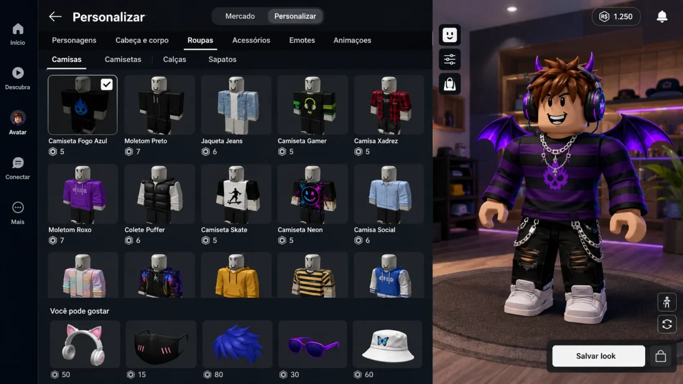 [Imagem: Avatar do Roblox sendo personalizado com diferentes roupas, acessórios e animações.]