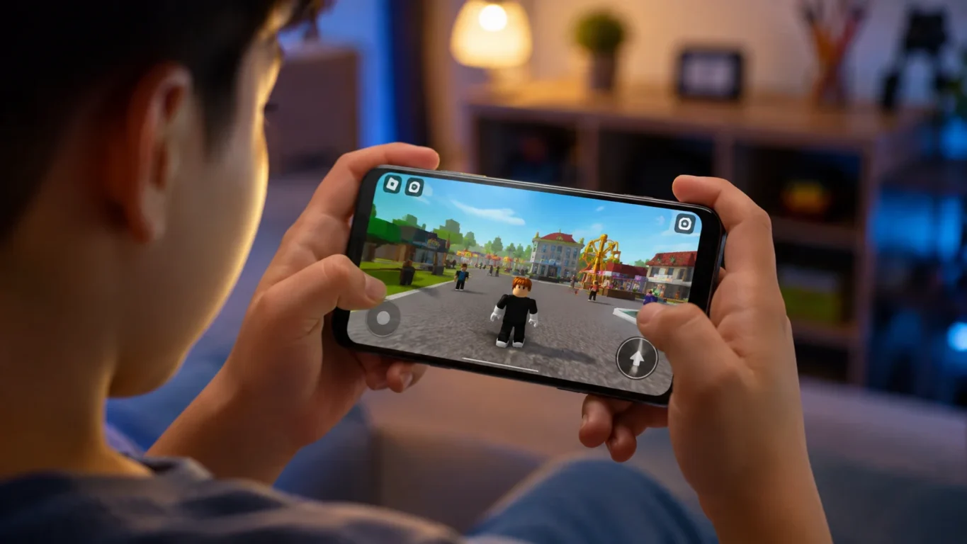 [Imagem: jogador utilizando Roblox em um smartphone simples com interface fluida]