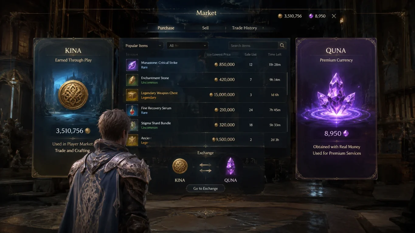 [Imagem: personagem de Aion 2 diante de uma interface de mercado, mostrando a diferença entre moeda obtida jogando e moeda premium]