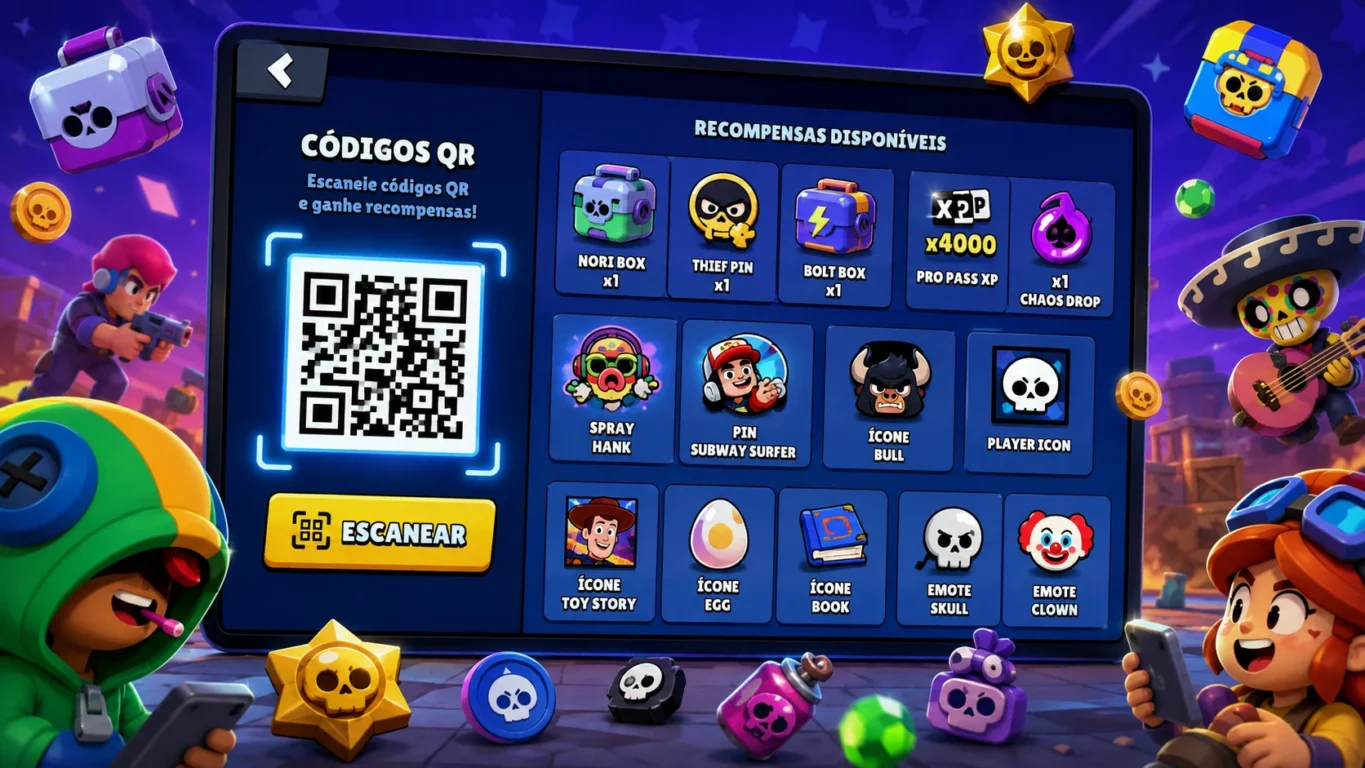 [Imagem: tela de Brawl Stars exibindo códigos QR promocionais e recompensas gratuitas]